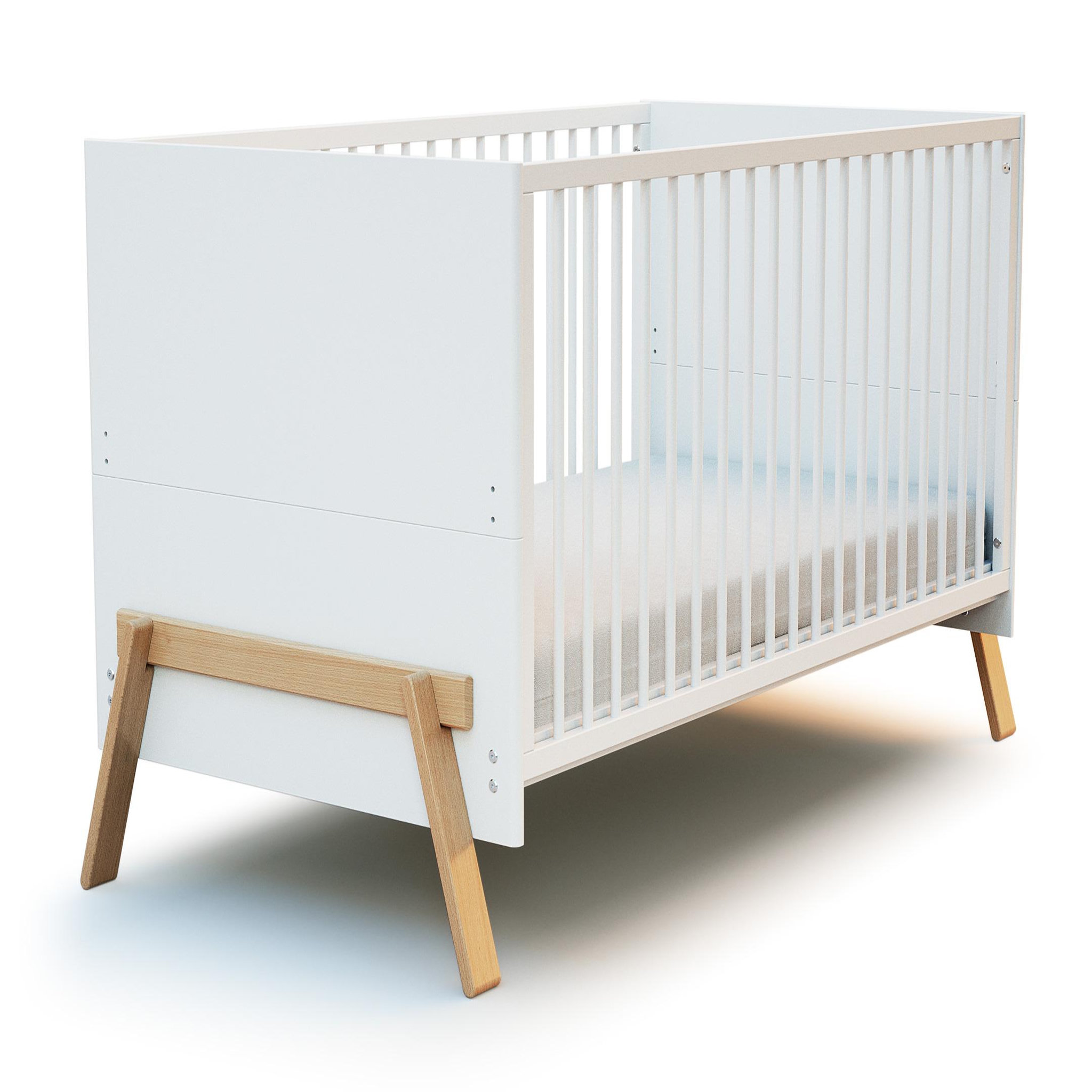AT4 Lit bébé évolutif en bois canaille blanc et hêtre verni 70 x 140 cm
