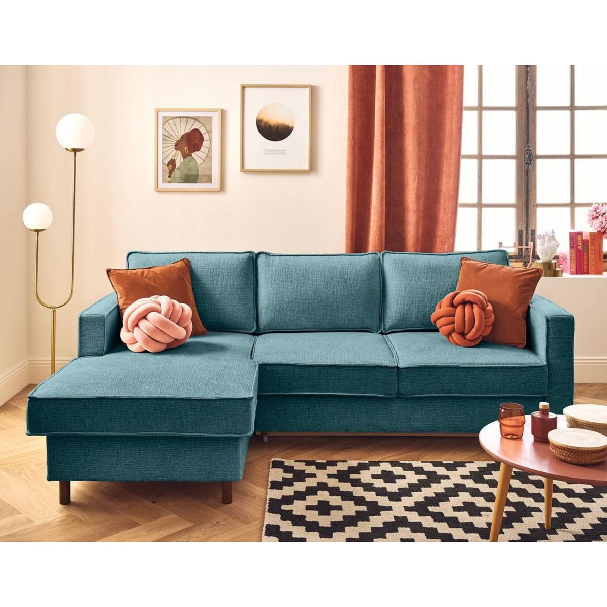 LISA DESIGN Jake - canapé d'angle gauche 4 places convertible avec coffre en tissu velours relief