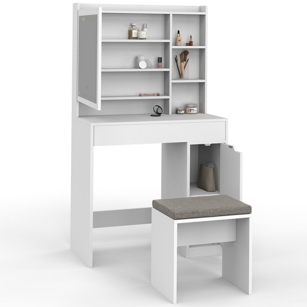 ID MARKET Coiffeuse ZELIA blanche miroir LED avec rangement, 1 tiroir, 1 caisson de rangement et tabouret rembourré