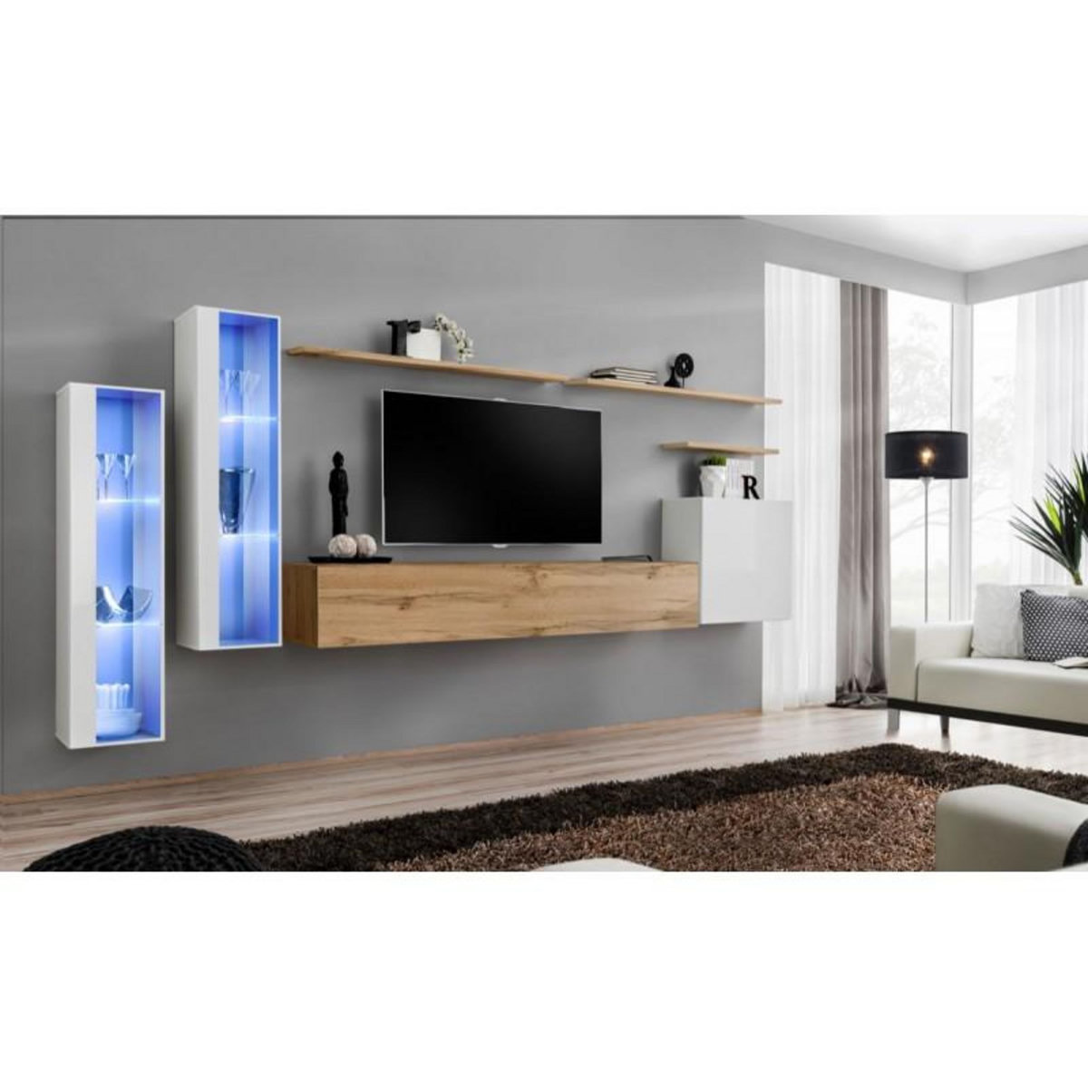Paris Prix Meuble TV Mural Design  Switch XI  330cm Blanc & Naturel