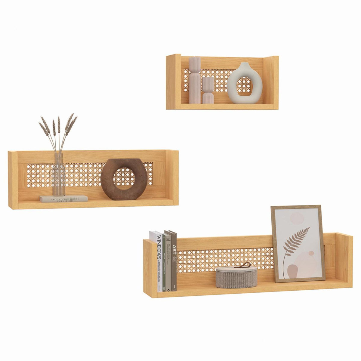 ID MARKET Lot de 3 étagères murales EDHEN bois et cannage 60/45/30 cm
