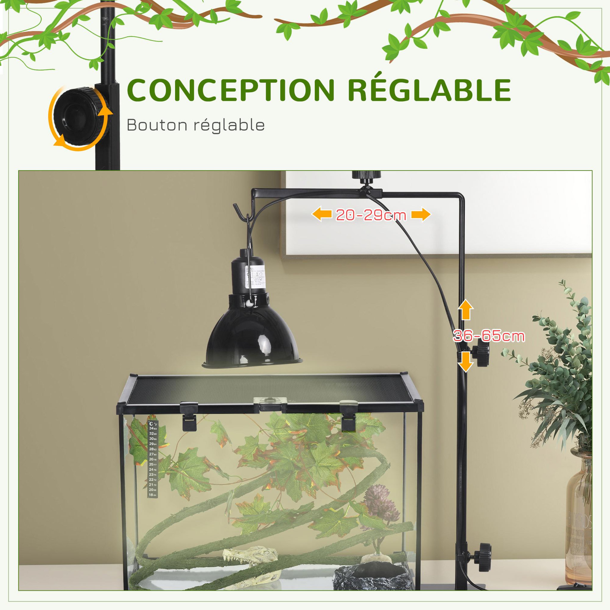 Voir la diapositive 5 : PAWHUT Support de lampe chauffante pour reptile - hauteur largeur réglables - acier noir