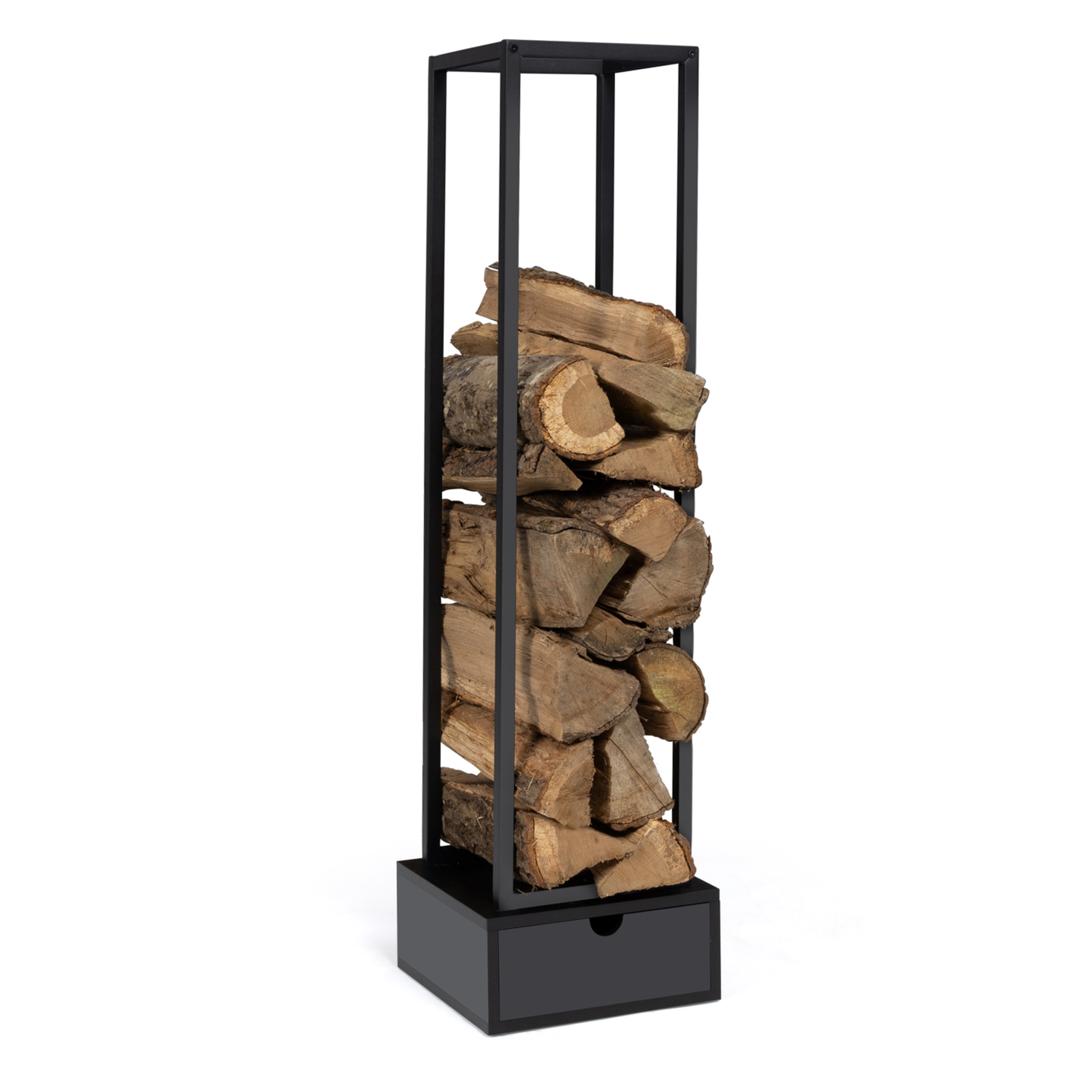ID MARKET Range bûches vertical acier noir H. 125 CM avec tiroir pour cheminée
