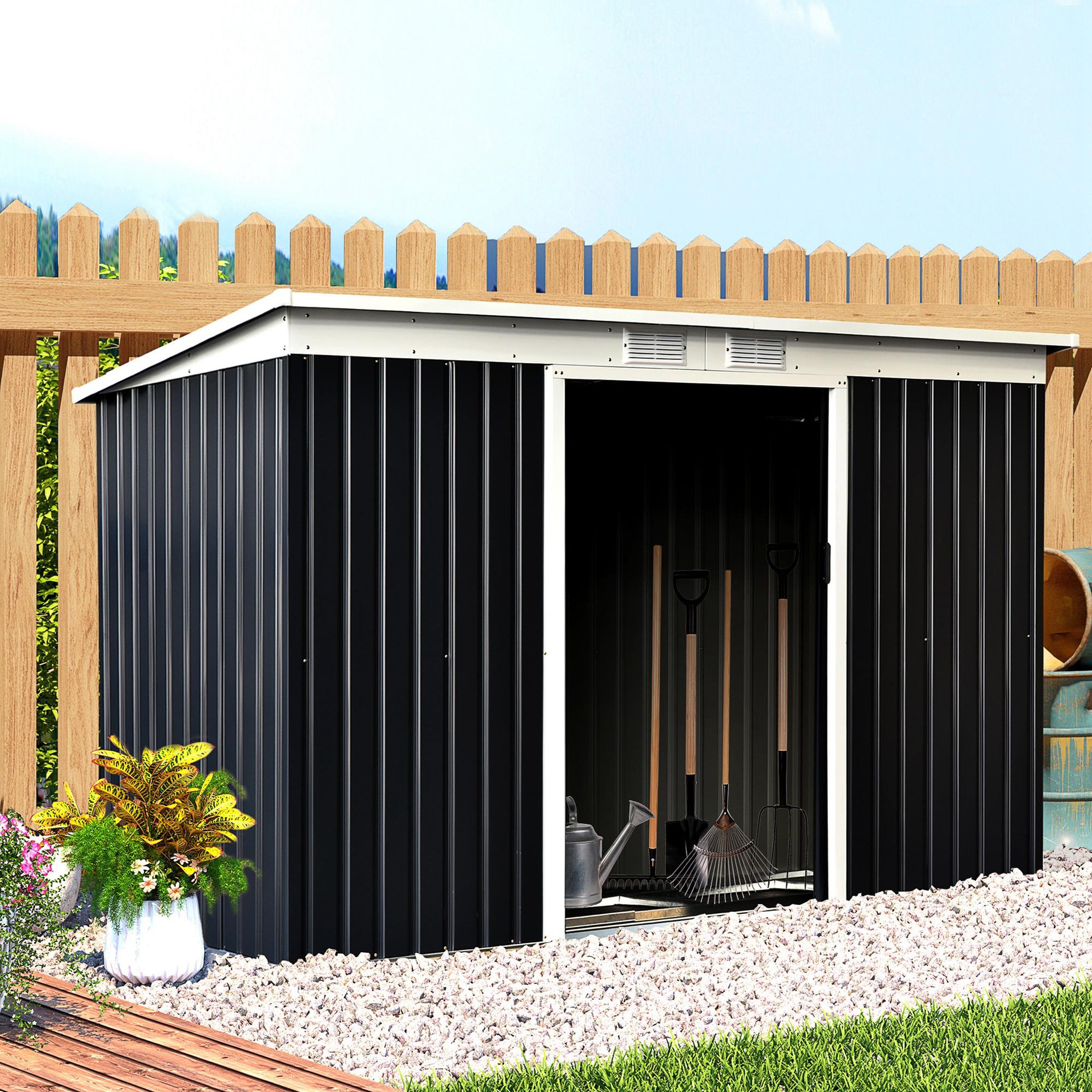 Voir la diapositive 2 : OUTSUNNY Abri de jardin - remise pour outils - cabanon portes verrouillables - dim. 2,8L x 1,3l x 1,72H m - tôle d'acier gris noir