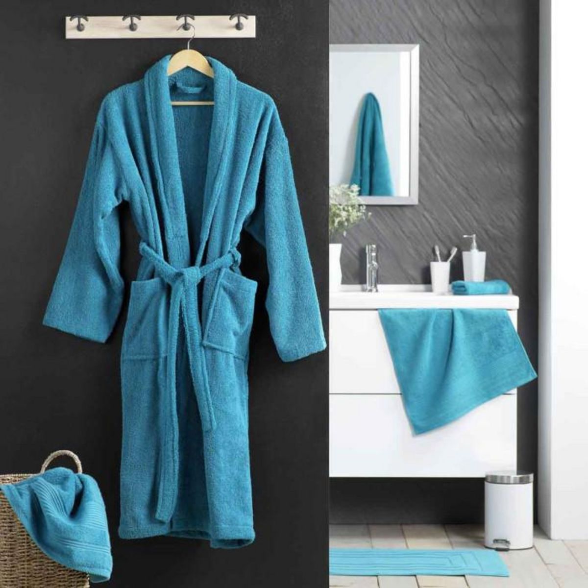 Paris Prix Peignoir Col Châle en Coton  Tendresse  Bleu Paon