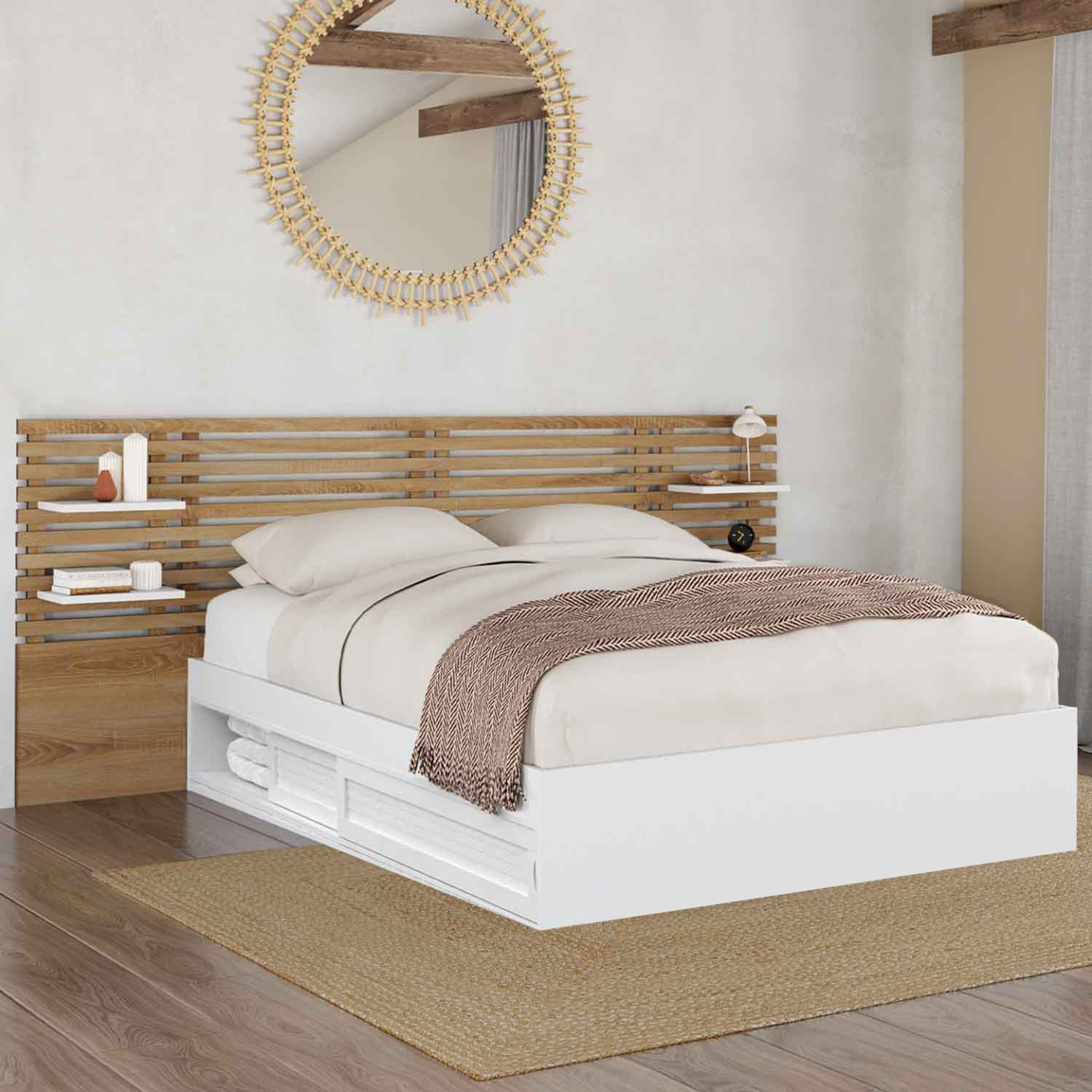 Voir la diapositive 2 : ID MARKET Lit double savana avec tête de lit, chevets, rangements et sommier 140 x 190 cm blanc et façon hêtre