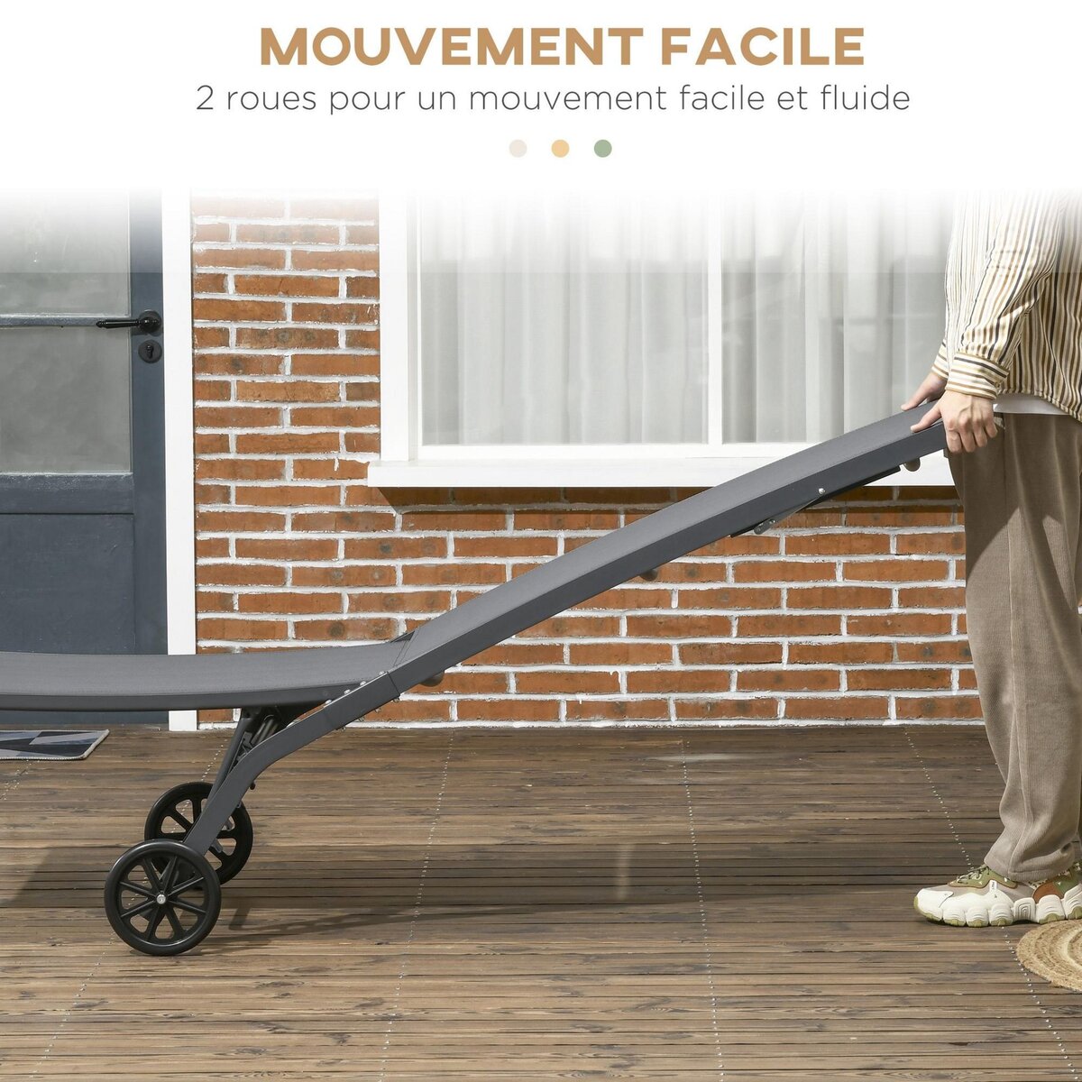 OUTSUNNY Lot de 2 bains de soleil transats inclinables - 2 roulettes - alu. textilène gris