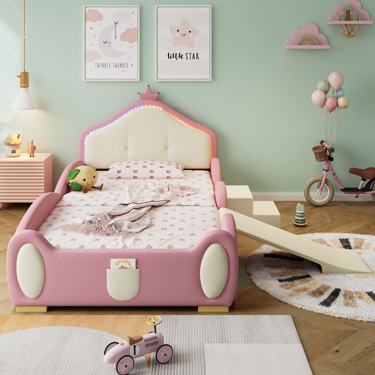 MERAX Lit simple enfant rembourré 90x200cm pu coloris rose led