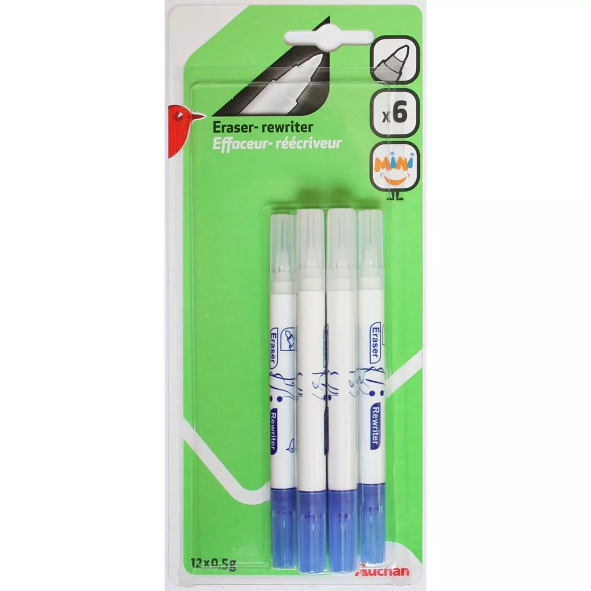 AUCHAN  Lot de 6 minis stylos effaceurs réécriveurs pointe ogive