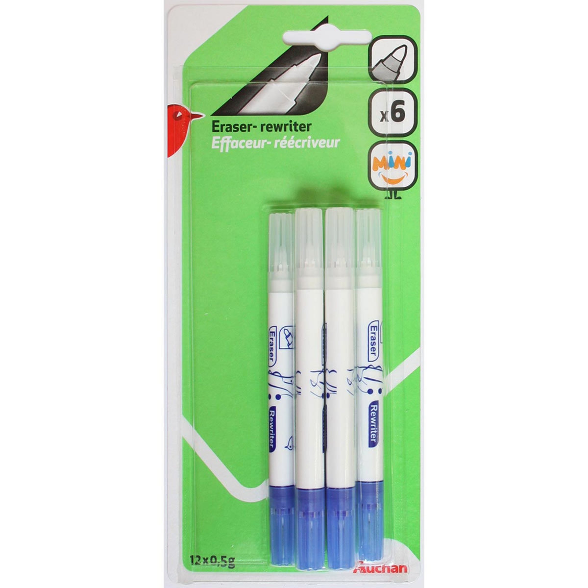 AUCHAN  Lot de 6 minis stylos effaceurs réécriveurs pointe ogive