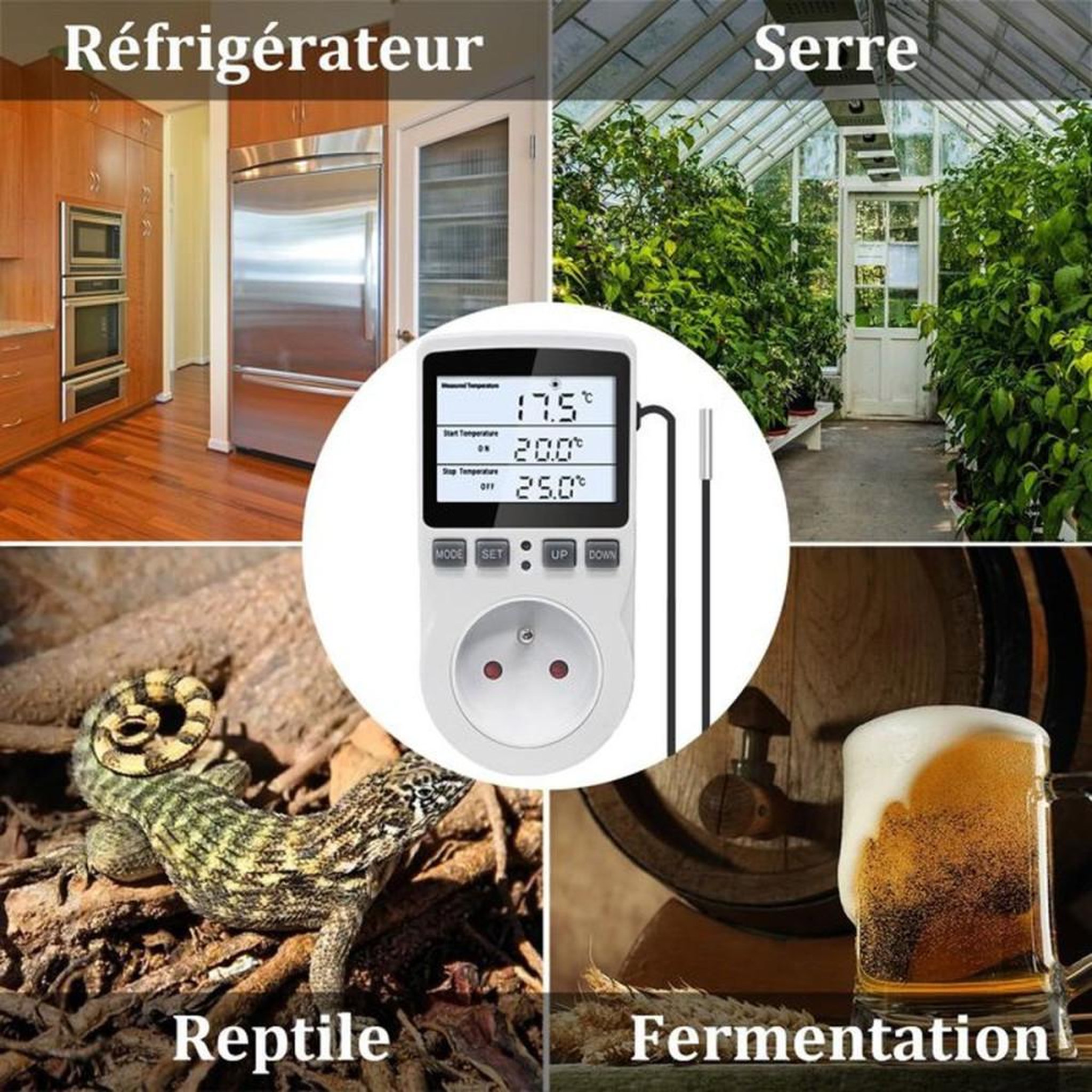 Voir la diapositive 6 : Thermostat digital à prise plug-in avec sonde NTC 3 m, écran LCD rétroéclairé réglable, mode chauffage ou refroidissement, programmation jusqu'à 99 h 59, 16A