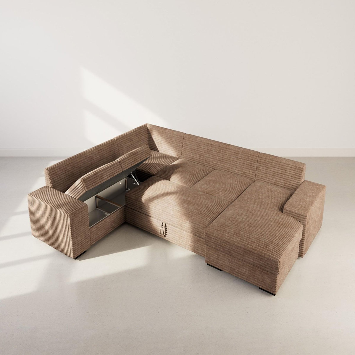 BEST MOBILIER Lorie - canapé panoramique d'angle gauche 7 places convertible en velours côtelé grosse côte avec coffre