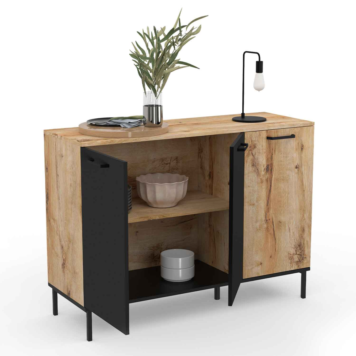 ID MARKET Buffet 110 cm OAKLAND 3 portes bois et noir design industriel