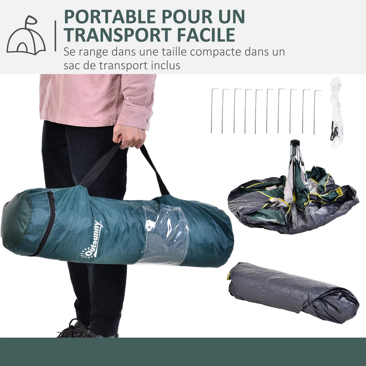 OUTSUNNY Tente de camping pop up 3 personnes porte 3 fenêtres sac de transport inclus fibre verre polyester PE jaune gris vert