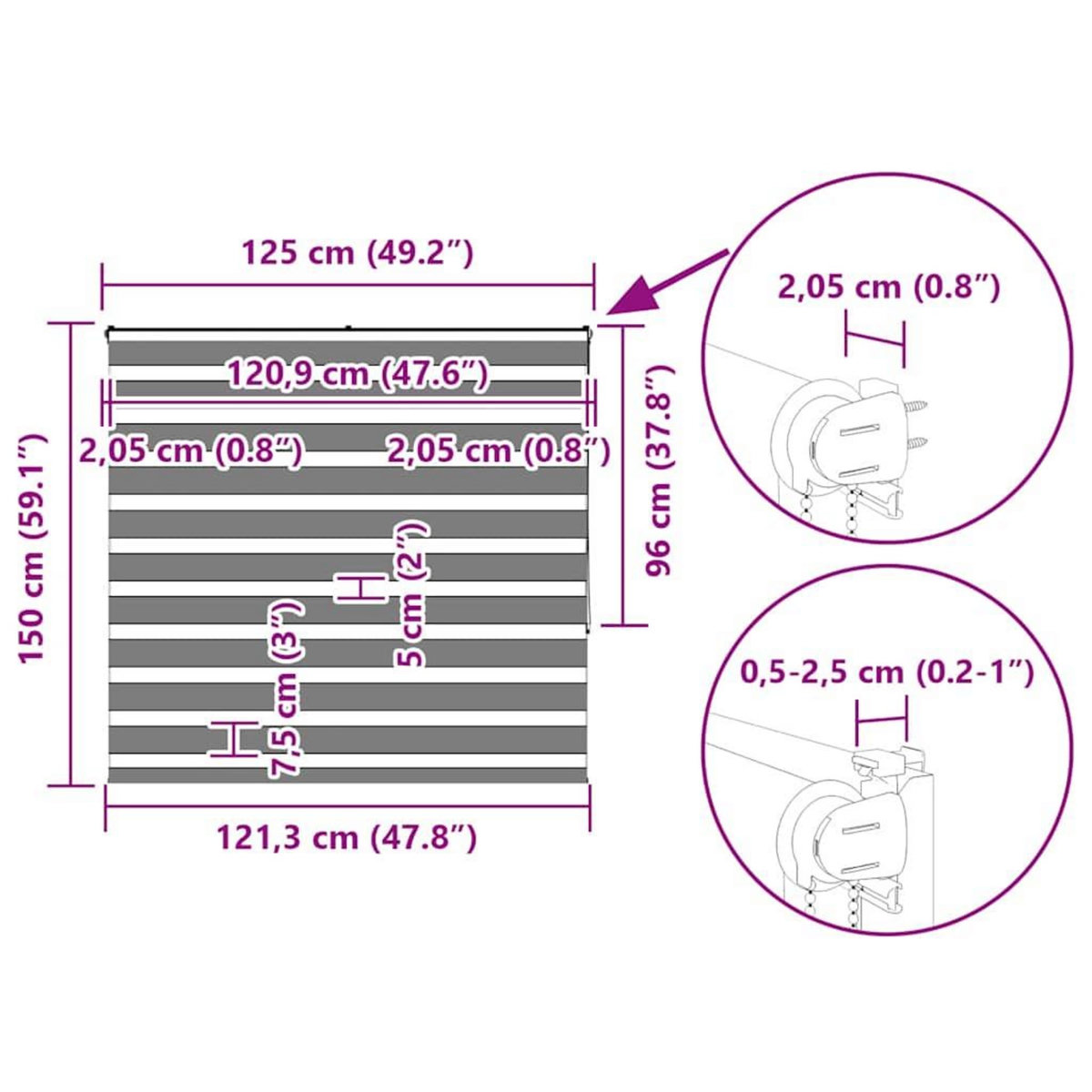 VIDAXL Store zebre gris fonce largeur du tissu 120,9 cm polyester