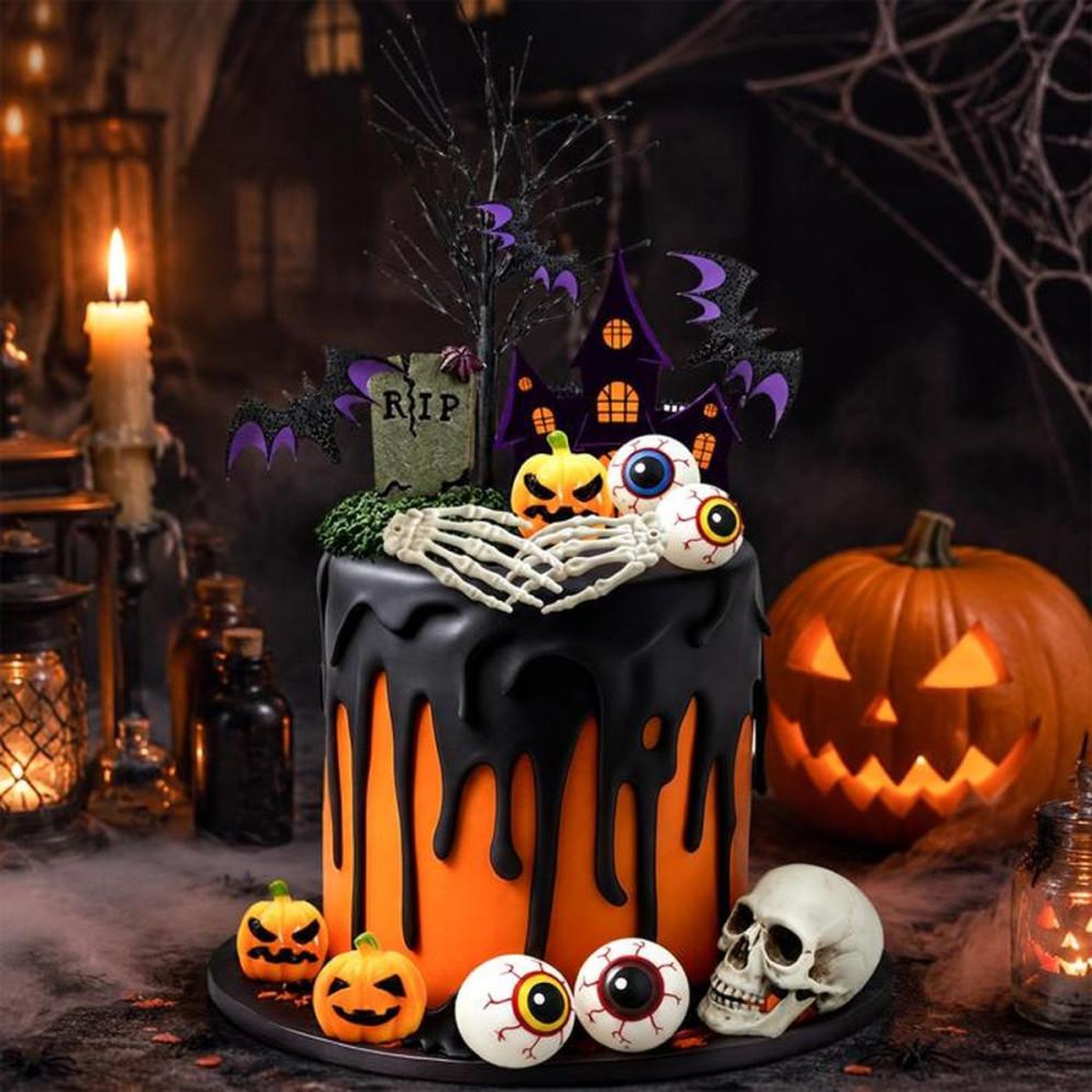 Voir la diapositive 6 : Set de décorations pour gâteau Halloween 17 pièces avec topper Happy Halloween, tombstone RIP, chauves-souris et citrouilles