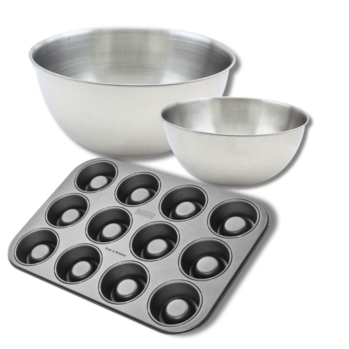 ZENKER Ensemble avec 1 Moule 12 babas au rhum, 1 spatule Zenker et 2 bols à mixer en inox Fackelmann