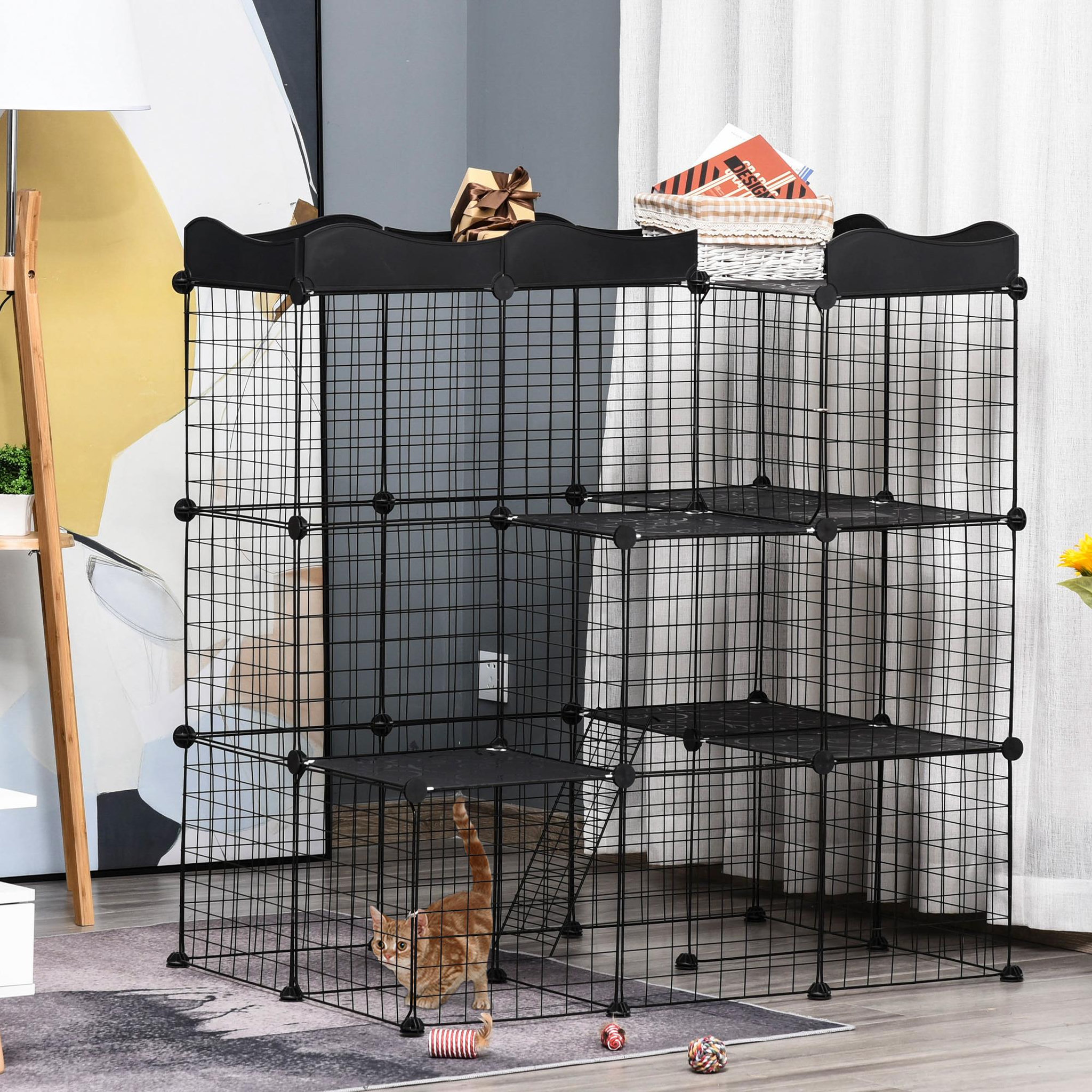 Voir la diapositive 2 : PAWHUT Cage parc enclos chat modulable dim. L105 x l70 x h105 cm 3 niveaux 2 portes rampe plateformes pe motif graphique fil métallique noir