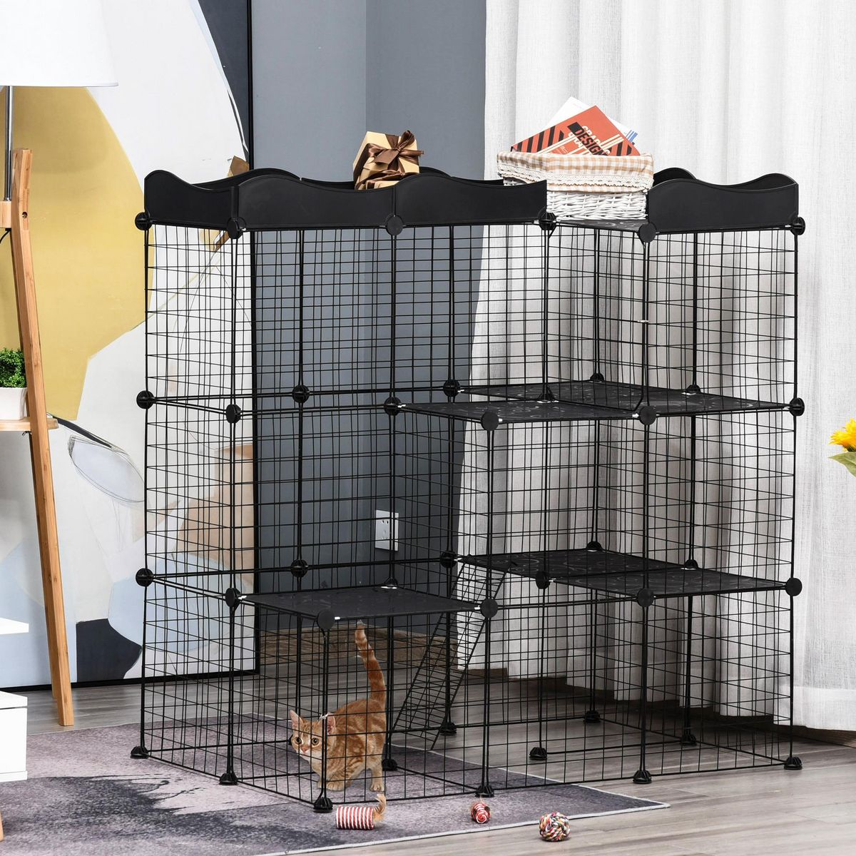 PAWHUT Cage parc enclos chat modulable dim. L105 x l70 x H105 cm 3 niveaux 2 portes rampe plateformes PE motif graphique fil métallique noir