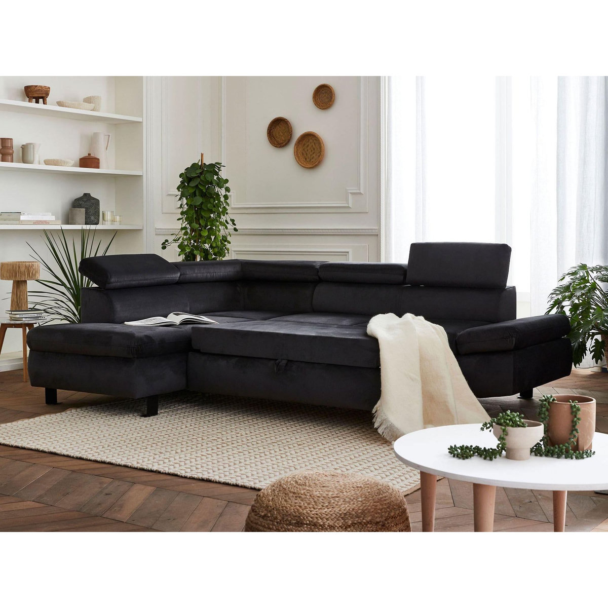 LISA DESIGN Nairobi - canapé d'angle convertible - en velours - 5 places - avec têtières - gauche