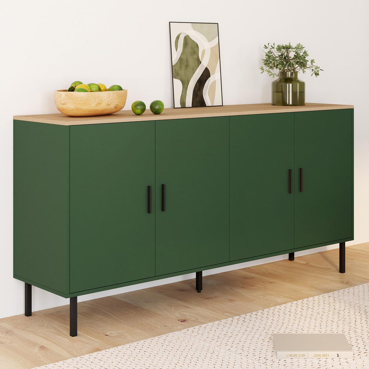 ID MARKET Buffet 160 cm KELIA 4 portes vert kaki et plateau bois