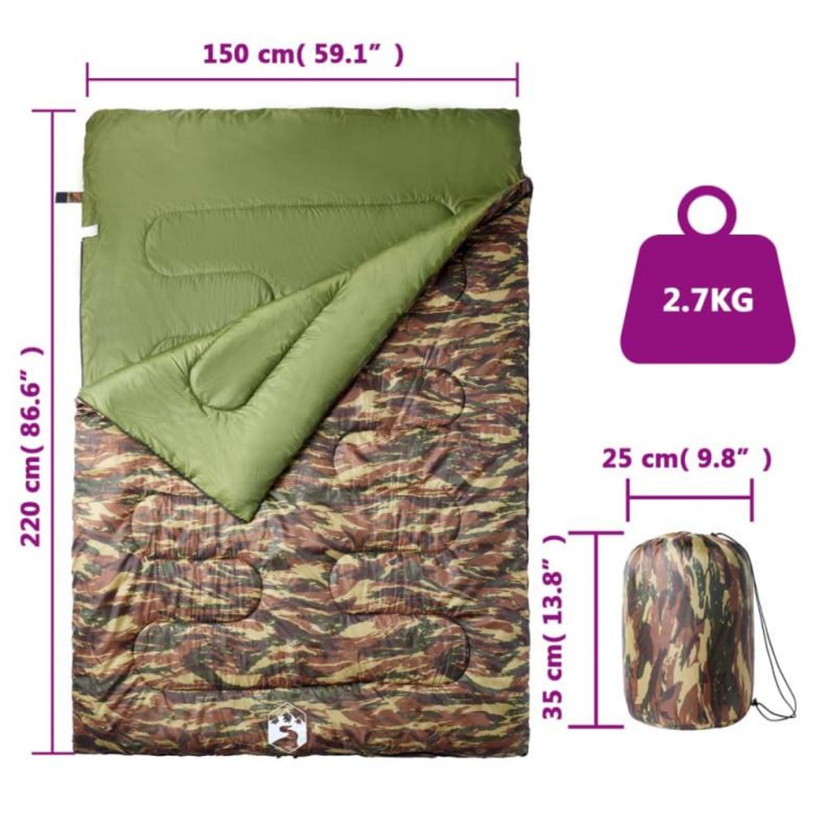 VIDAXL Sac de couchage double et oreillers adultes camping 3 4 saisons