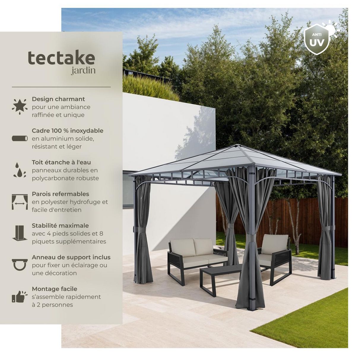 tectake Pavillon de jardin avec cadre en aluminium laqué époxy gris 3 x 3 m