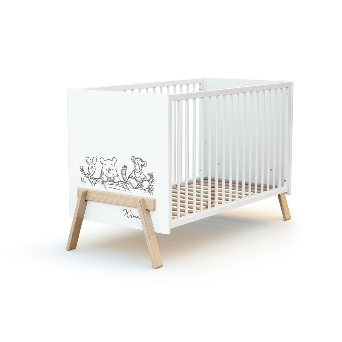 AT4 Lit bébé en bois CANAILLE Winnie Blanc et Hêtre 60 x 120 cm