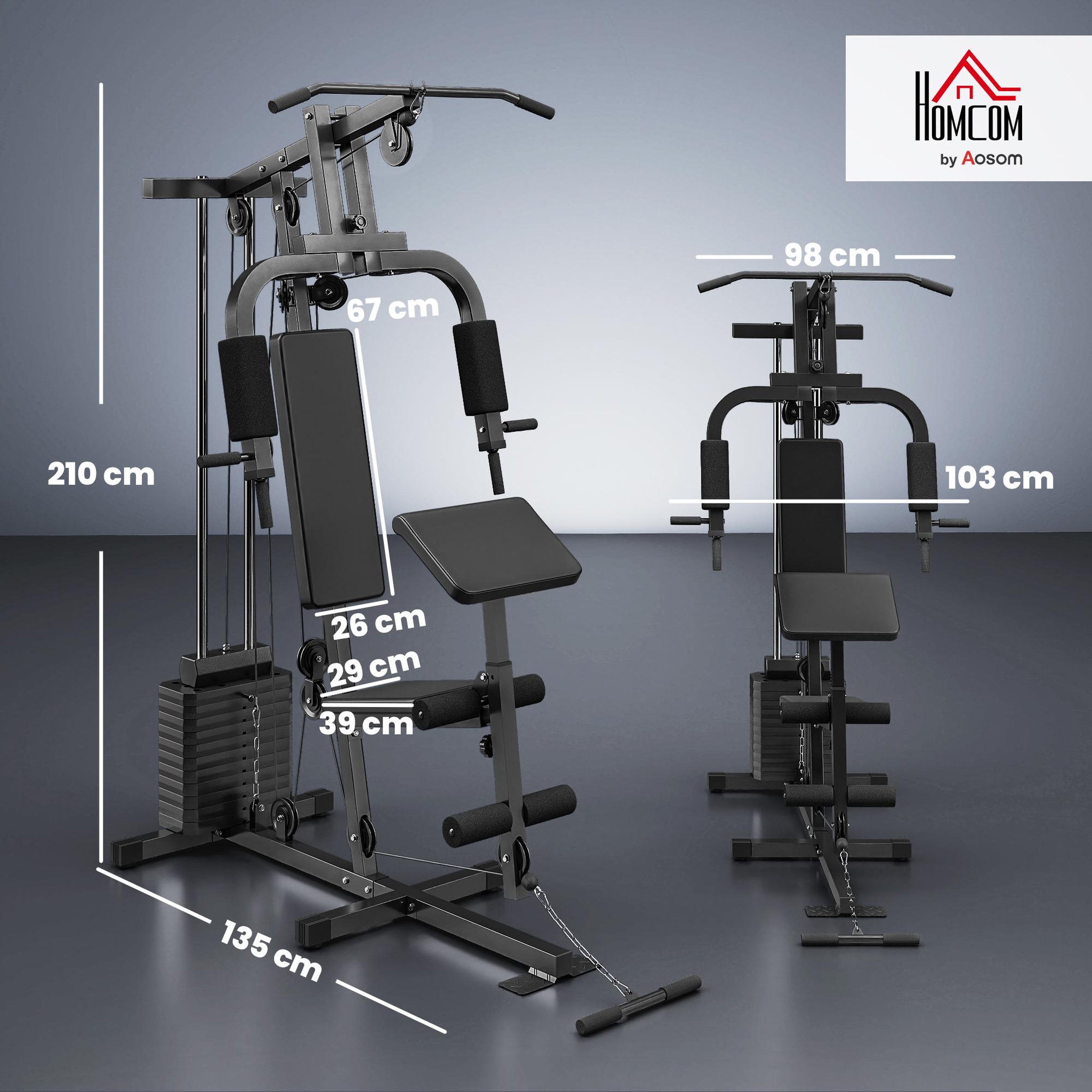 Voir la diapositive 3 : HOMCOM Station de musculation - développé couché, butterfly, barre latissimus, curler, bande résistance - 12 contrepoids - acier noir