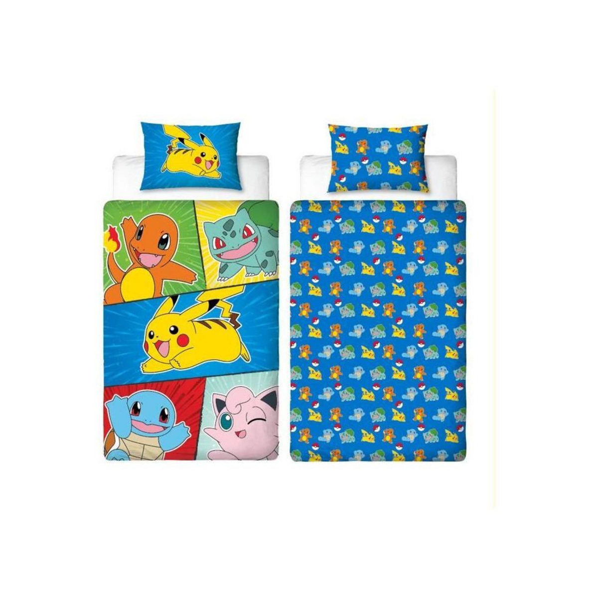 Pokemon Parure de lit - POKEMON - Pikachu et Starter 1G V - Microfibre - 1 housse de couette 140 x 200 cm + 1 taie 63 x 63 cm
