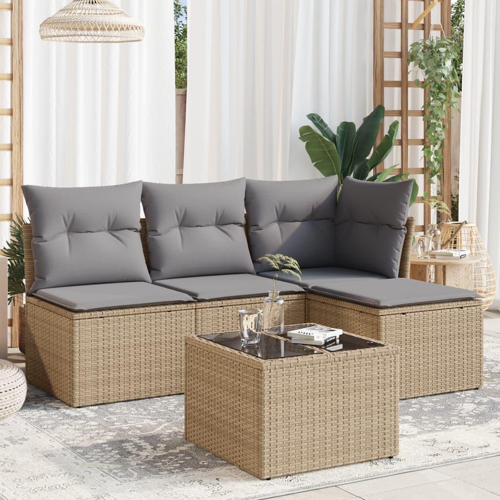 VIDAXL Salon de jardin avec coussins 5 pcs beige resine tressee