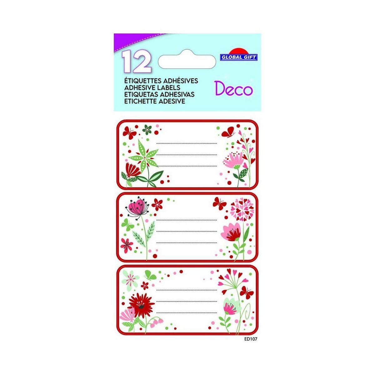 GLOBAL GIFT 12 étiquettes adhésives scolaires - Rectangle - Fleurs et coeurs - Paillettes