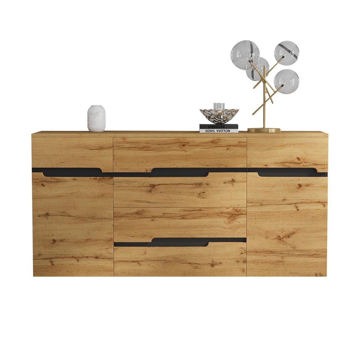 MERAX Buffet 2 porte(s) 4 tiroir(s) - 160 cm naturel+noir panneau de particules