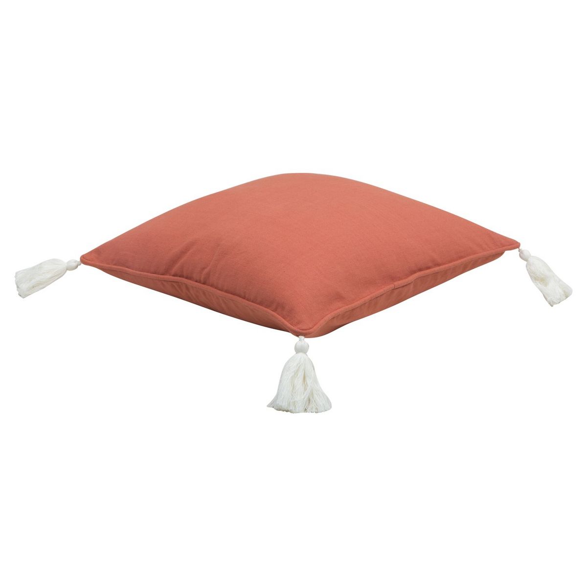 Coussin uni déhoussable forme carrée en coton finition pompons