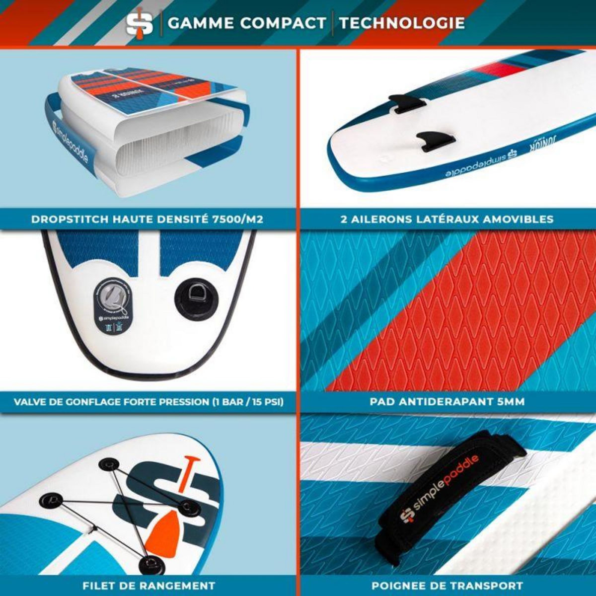 SIMPLE PADDLE Stand up Paddle Gonflable JUNIOR 8' 30'' 4'' (244 x 76 x 10 cm) Gamme COMPACT avec Pagaie, Leash, Pompe et Sac de Transport