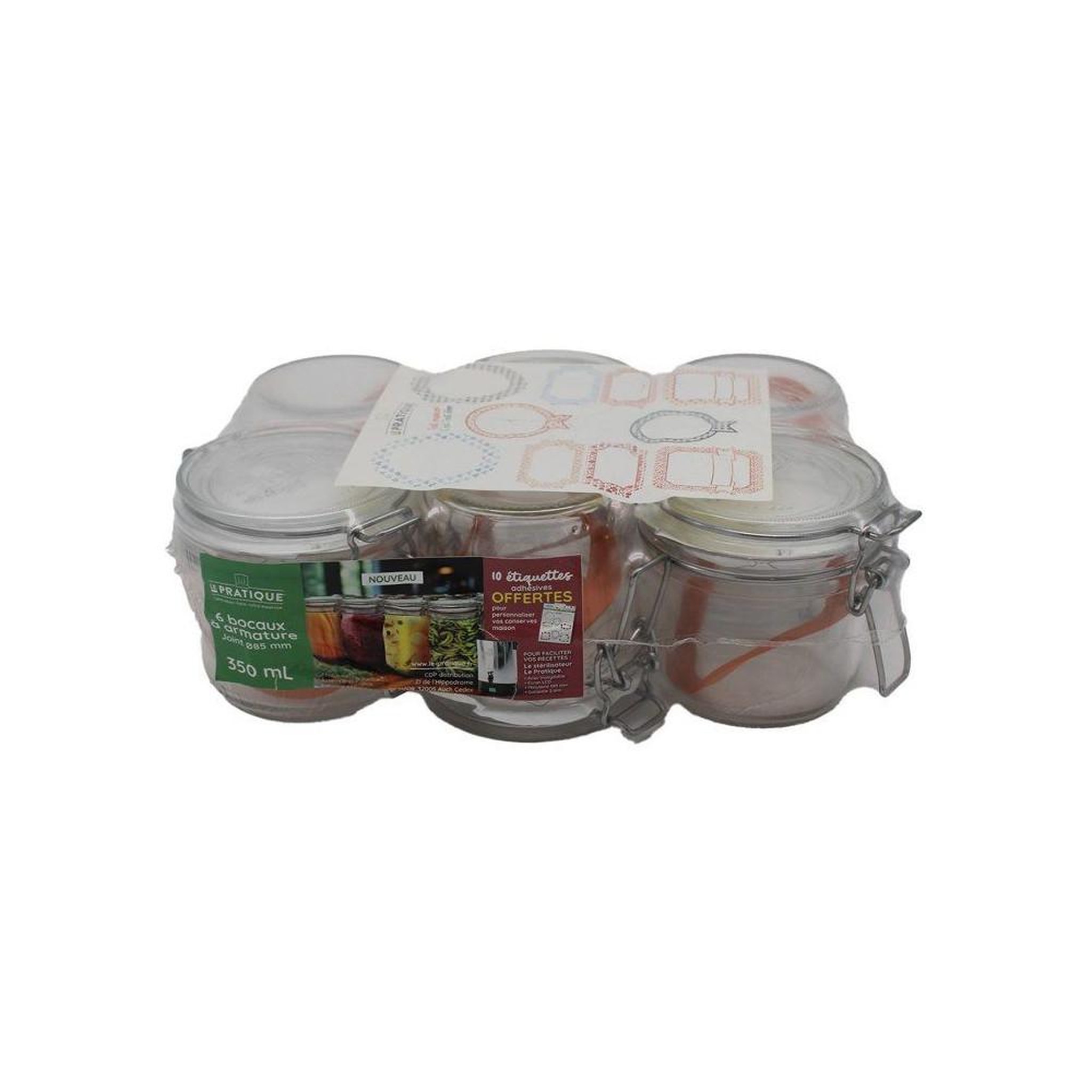 LE PRATIQUE Bocaux en verre à poignée métal 350 ml ø85 mm, lot de 6 pour conserves maison, couvercle à cadre de fermeture, avec 10 étiquettes adhésives