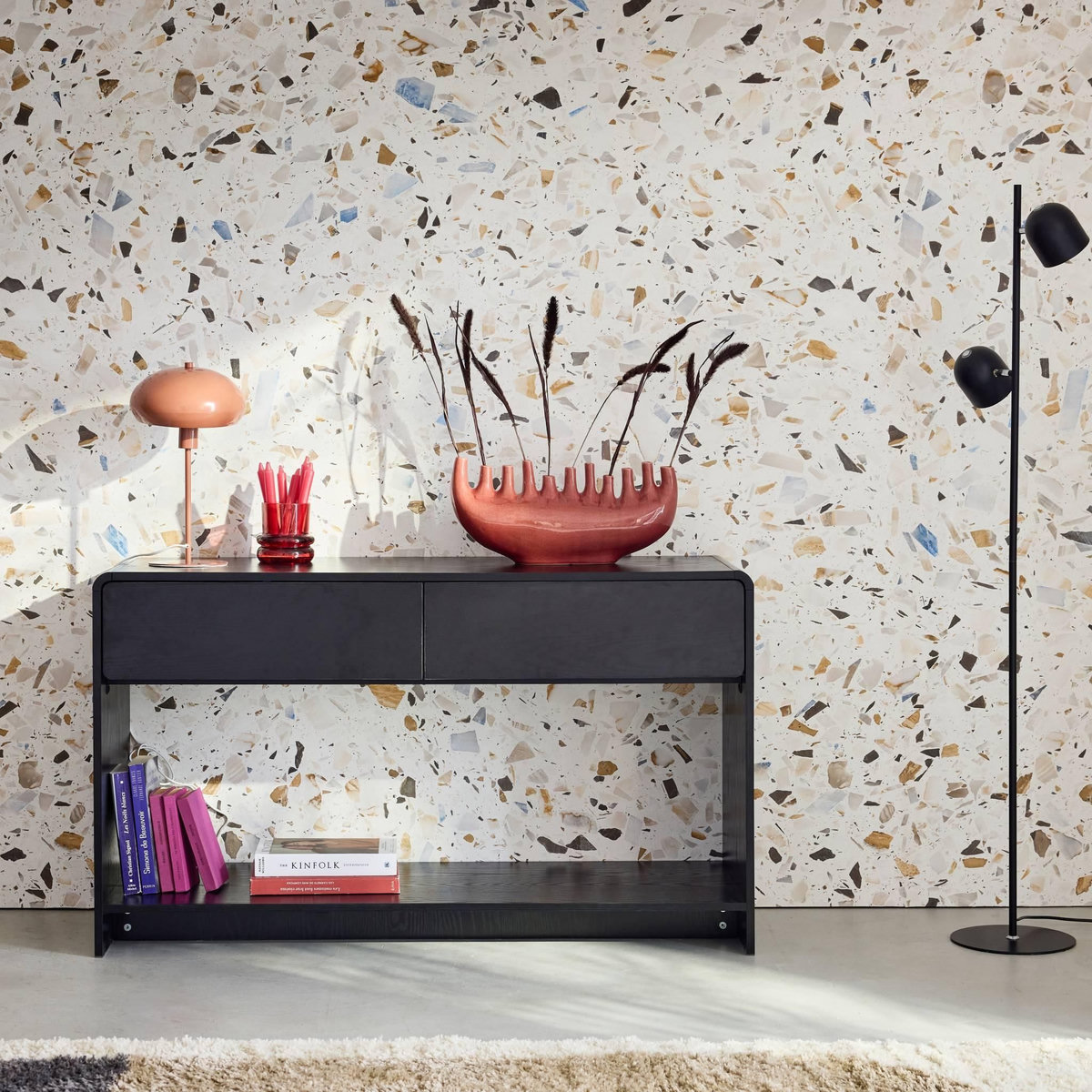 SWEEEK Console 2 tiroirs. 1 étagère. effet bois noir arrondi