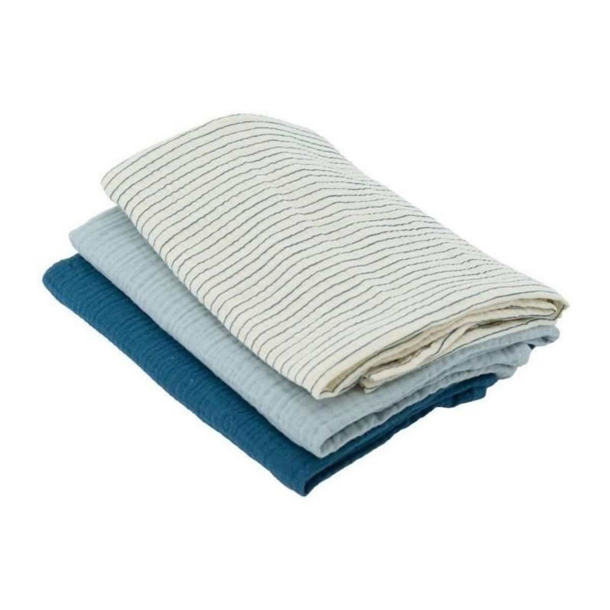 DOMIVA Lot de 3 langes Bambou - DOMIVA - 1 Imprimé + 2 Uni - Bleu indigo - 60x60 cm