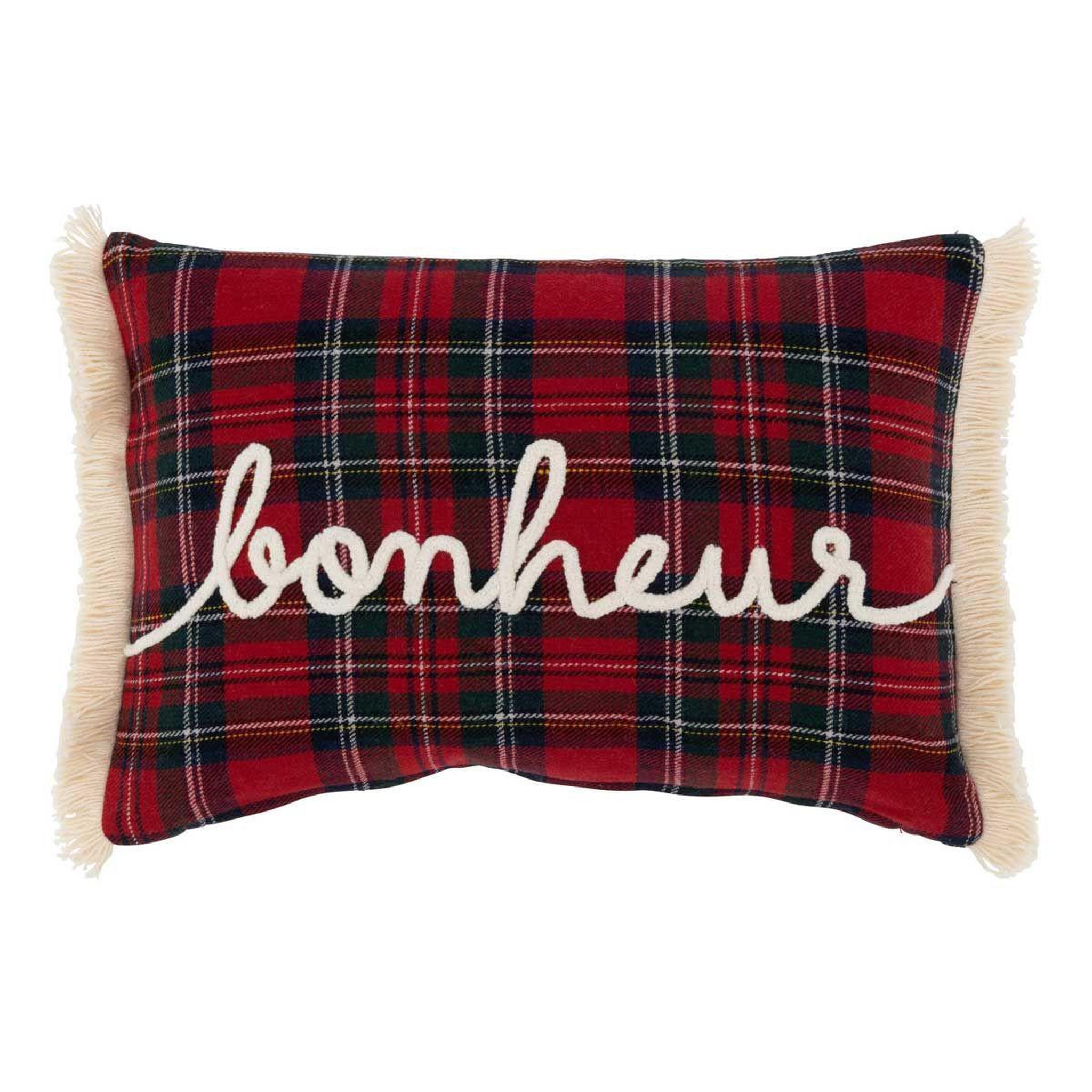 J-LINE Coussin déco à carreaux  bonheur  30x45cm rouge