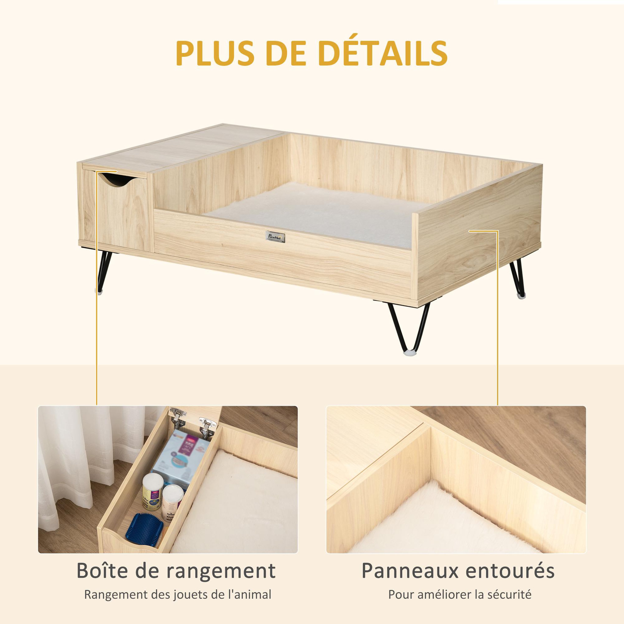 Voir la diapositive 6 : PAWHUT Canapé chien chat style cosy naturel - coussin aspect fourrure blanc et coffre inclus - dim. 89L x 56l x 31H cm - pieds acier en épingles lit MDF aspect bois clair naturel
