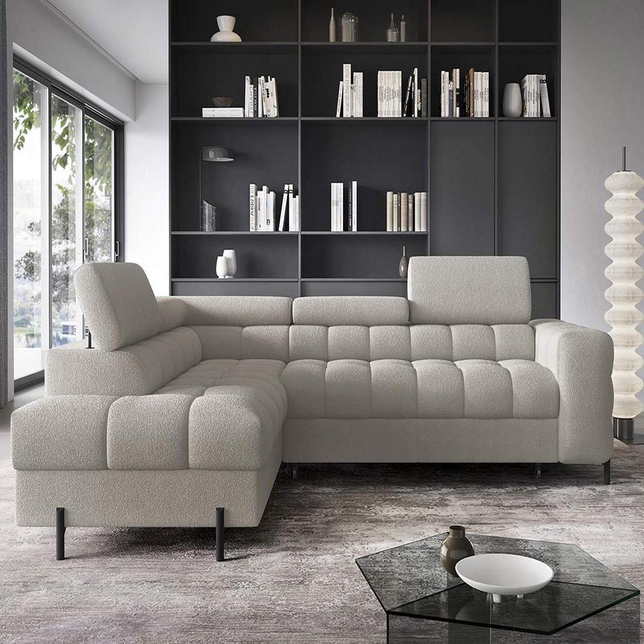 Voir la diapositive 4 : BEST MOBILIER Elisa - canapé d'angle gauche 5 places convertible avec coffre et têtières réglables en tissu bouclette