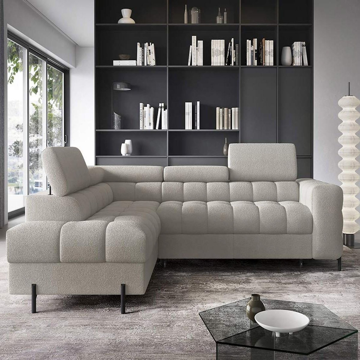 BEST MOBILIER Elisa - canapé d'angle gauche 5 places convertible avec coffre et têtières réglables en tissu bouclette