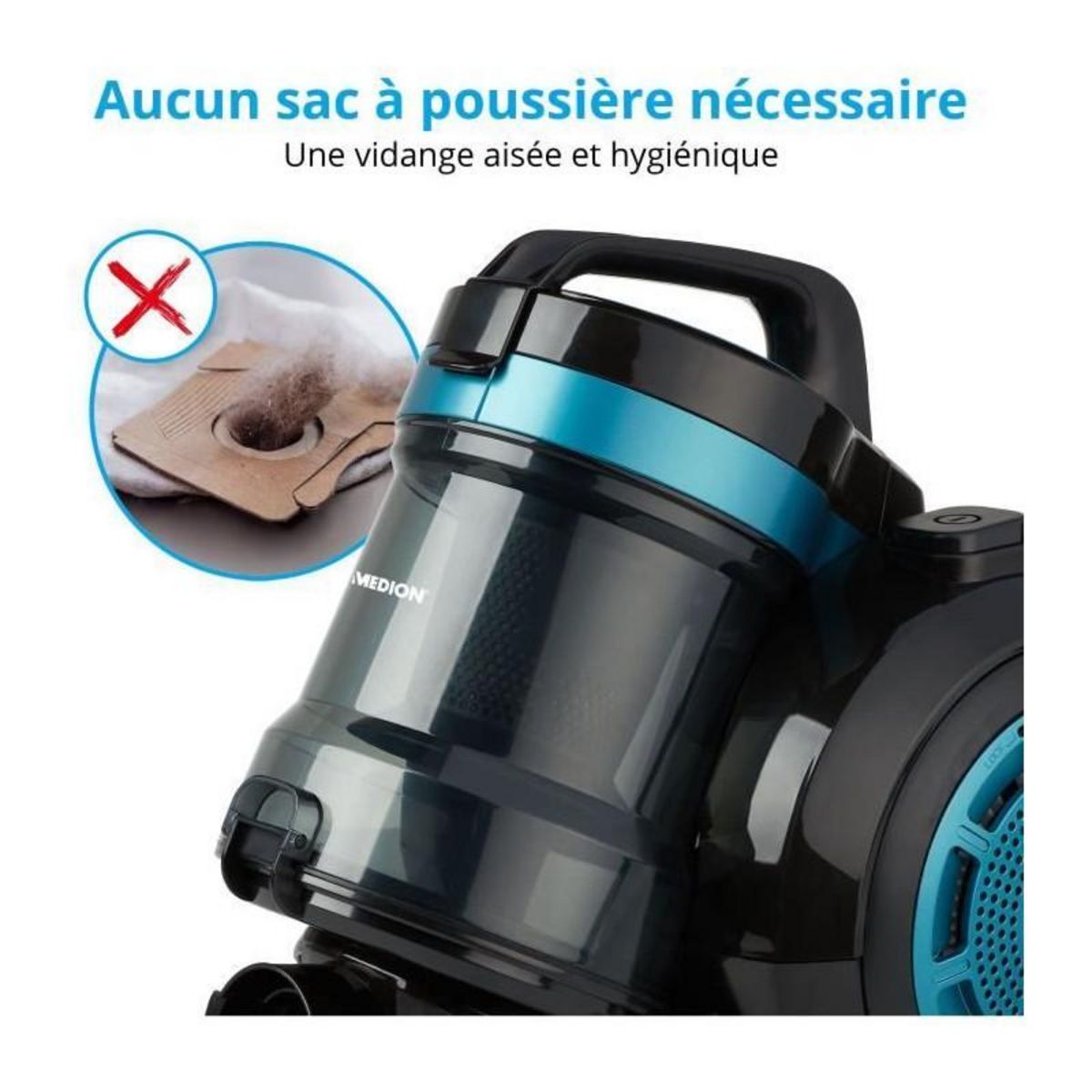 Medion MEDION MD 19407 Aspirateur Cyclonique sans sac - Puissance 800W - Capacité bac a poussiere 2 L - Filtre HEPA - Accessoires int