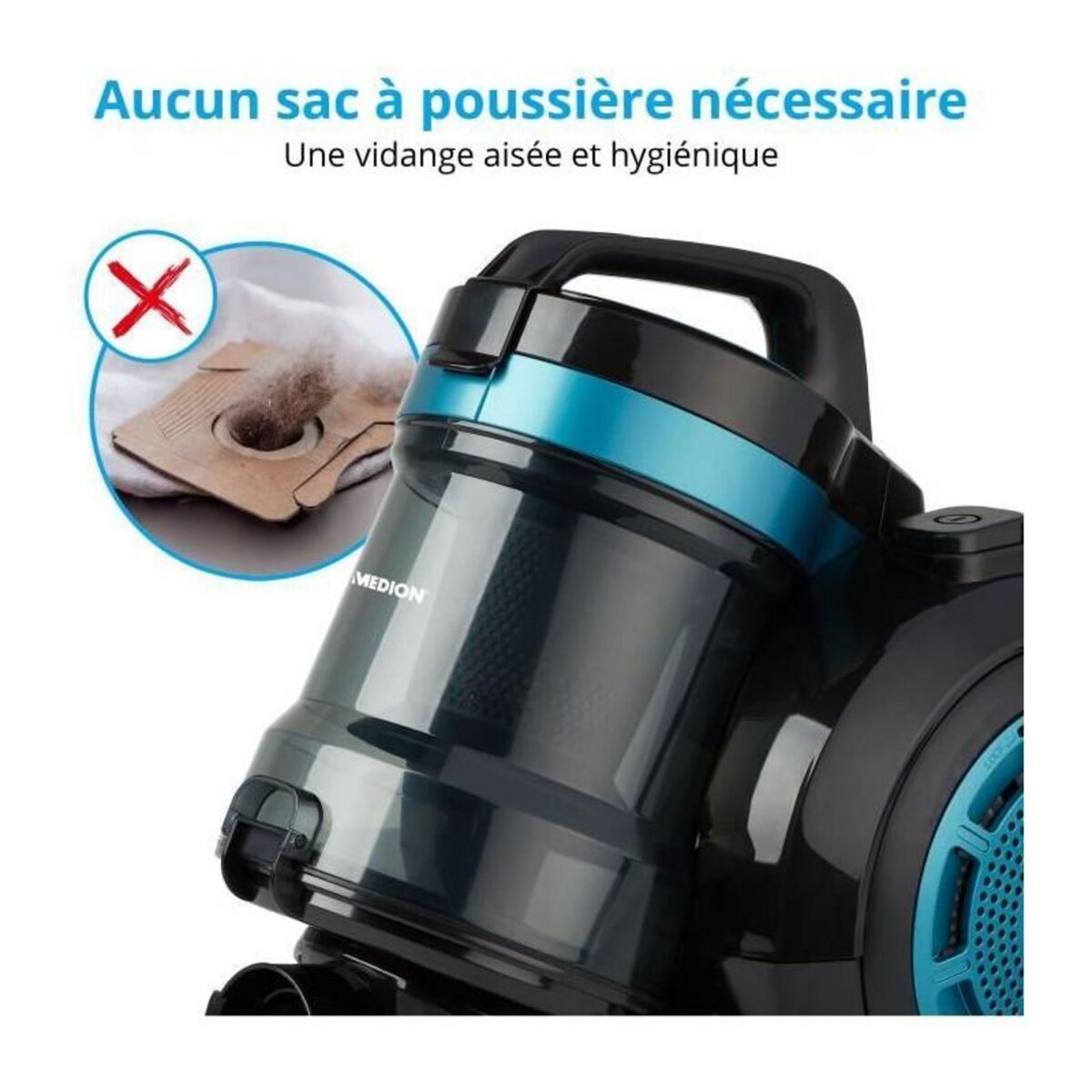 Medion MEDION MD 19407 Aspirateur Cyclonique sans sac - Puissance 800W - Capacité bac a poussiere 2 L - Filtre HEPA - Accessoires int