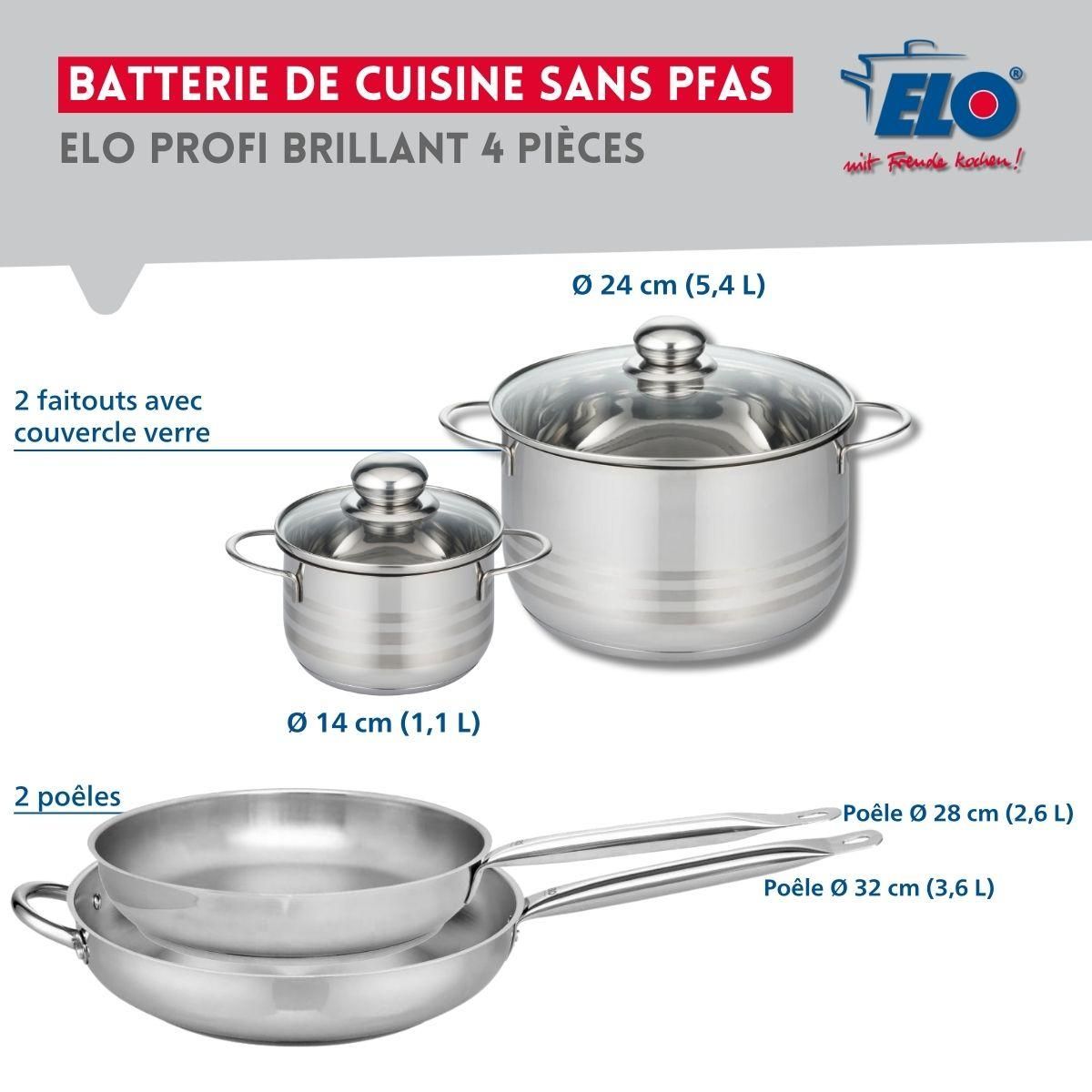 ELO Ensemble de 2 Poêles de cuisson 28 et 32 cm et 2 faitouts 14 et 24 cm Elo Profi Brillant