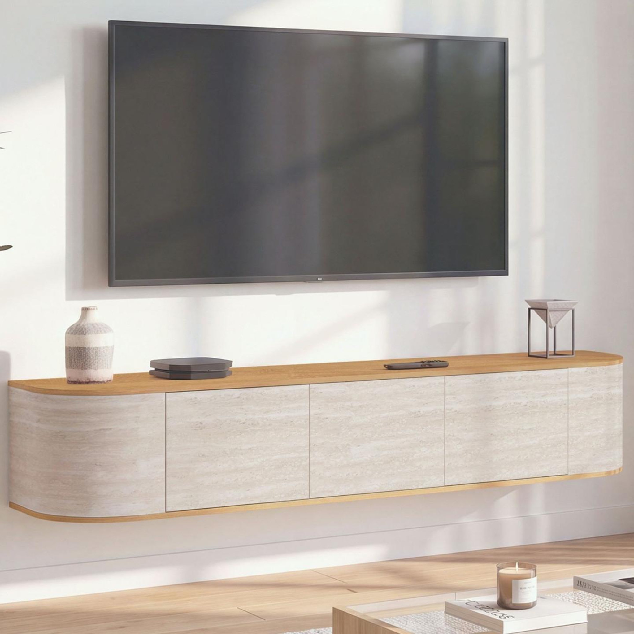Voir la diapositive 2 : ID MARKET Meuble tv 180 cm suspendu leora 3 portes effet travertin et bois