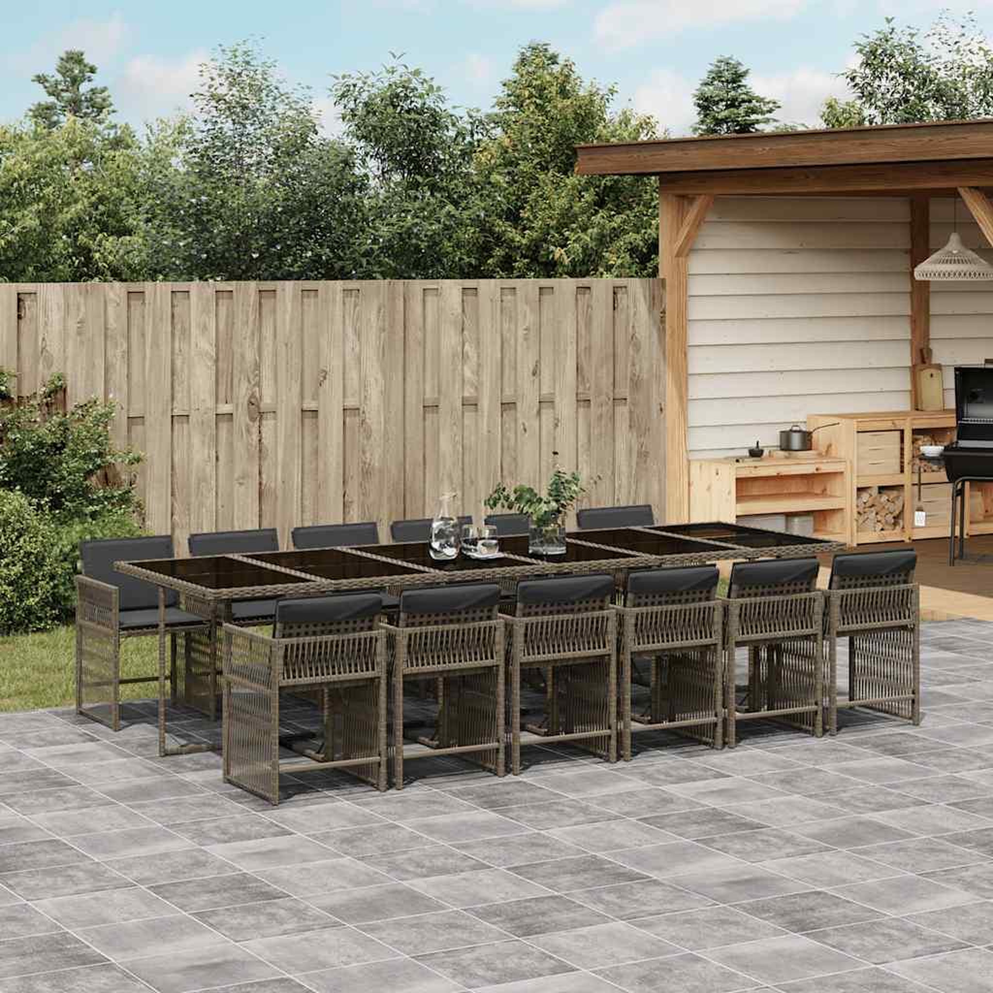 VIDAXL Ensemble a manger de jardin coussins 13 pcs gris resine tressee