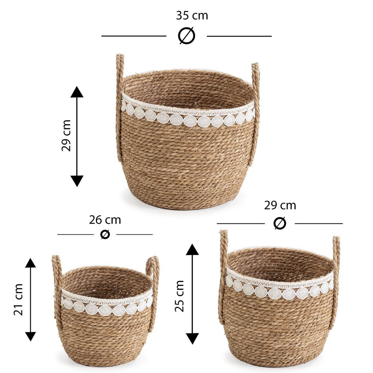 VS VENTA-STOCK Set de 3 paniers Yasmina fibres naturelles, blanc/naturel