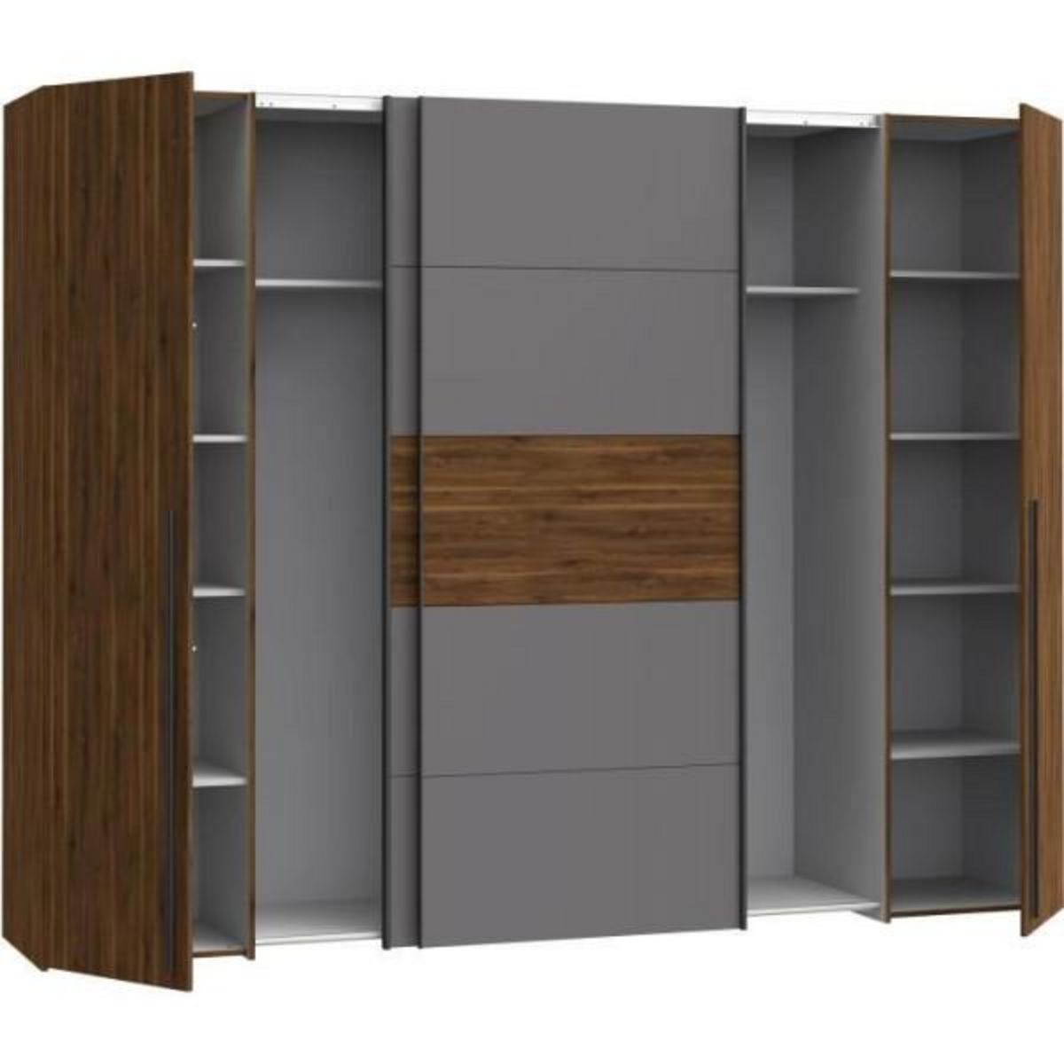 MARKET24 Armoire NARAGO - Décor Noyer Bakersfield et gris - 2 portes coulissantes + 2 portes battantes - L270 x P61 x H210 cm