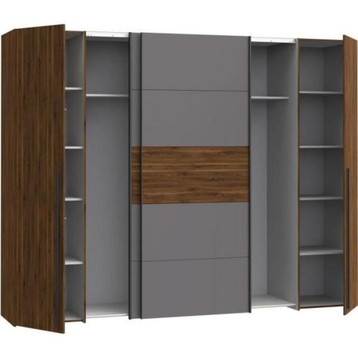 MARKET24 Armoire NARAGO - Décor Noyer Bakersfield et gris - 2 portes coulissantes + 2 portes battantes - L270 x P61 x H210 cm